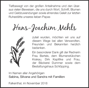 Traueranzeige von Hans-Joachim Mehls von Märkische Oderzeitung