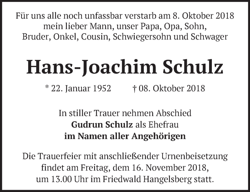  Traueranzeige für Hans-Joachim Schulz vom 03.11.2018 aus Märkische Oderzeitung