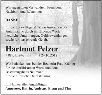 Traueranzeige von Hartmut Pelzer von Märkische Oderzeitung