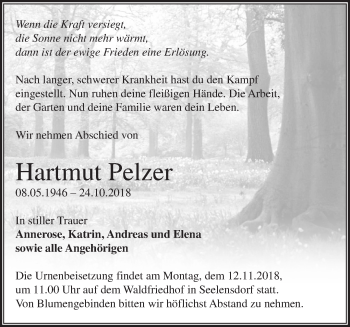 Traueranzeige von Hartmut Pelzer von Märkische Oderzeitung