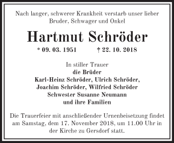 Traueranzeige von Hartmut Schröder von Märkische Oderzeitung