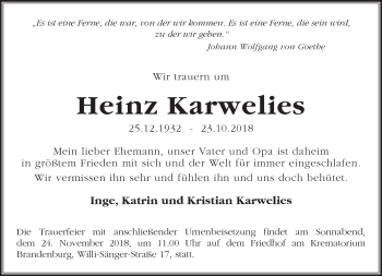 Traueranzeige von Heinz Karwelies von Märkische Oderzeitung