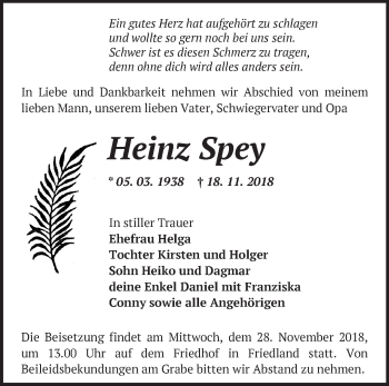 Traueranzeige von Heinz Spey von Märkische Oderzeitung