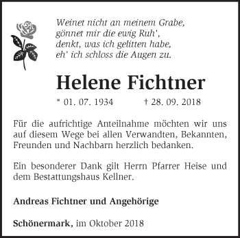 Traueranzeige von Helene Fichtner von Märkische Oderzeitung