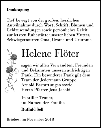 Traueranzeige von Helene Flöter von Märkische Oderzeitung