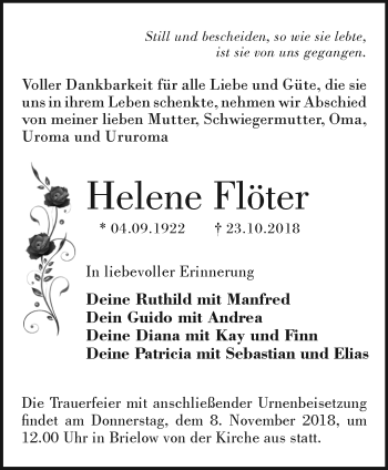 Traueranzeige von Helene Flöter von Märkische Oderzeitung