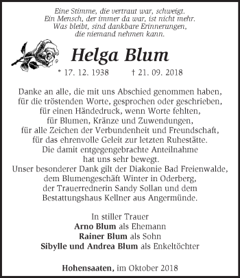 Traueranzeige von Helga Blum von Märkische Oderzeitung