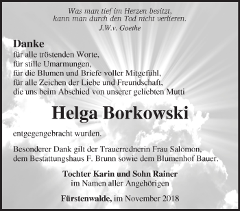 Traueranzeige von Helga Borkowski von Märkische Oderzeitung