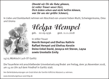 Traueranzeige von Helga Hempel von Märkische Oderzeitung