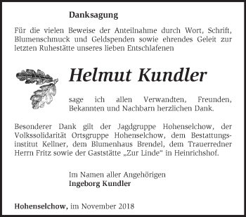 Traueranzeige von Helmut Kundler von Märkische Oderzeitung