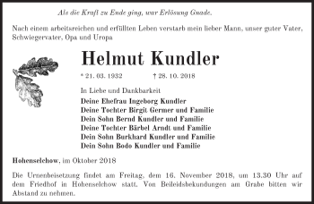 Traueranzeige von Helmut Kundler von Märkische Oderzeitung