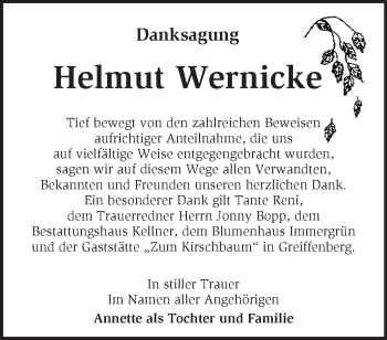 Traueranzeige von Helmut Wernicke von Märkische Oderzeitung