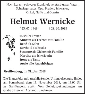 Traueranzeige von Helmut Wernicke von Märkische Oderzeitung