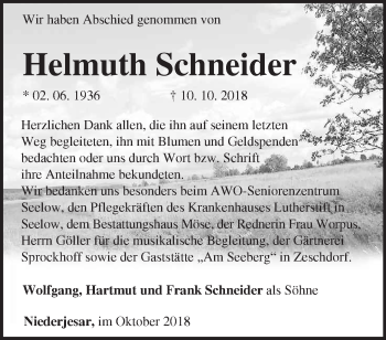 Traueranzeige von Helmuth Schneider von Märkische Oderzeitung