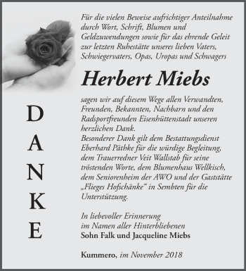 Traueranzeige von Herbert Miebs von Märkische Oderzeitung