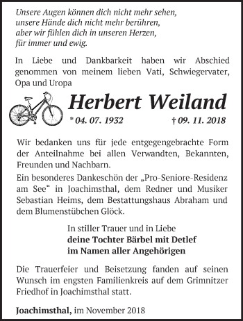 Traueranzeige von Herbert Weiland von Märkische Oderzeitung