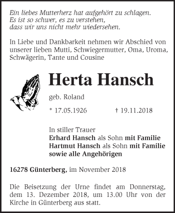 Traueranzeige von Herta Hansch von Märkische Oderzeitung