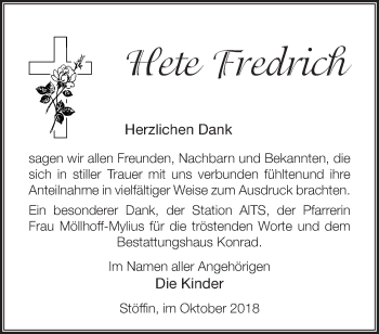 Traueranzeige von Hete Fredrich von Märkische Oderzeitung