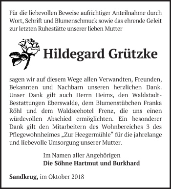 Traueranzeige von Hildegard Grützke von Märkische Oderzeitung