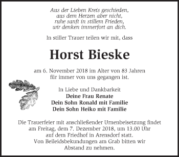 Traueranzeige von Horst Bieske von Märkische Oderzeitung