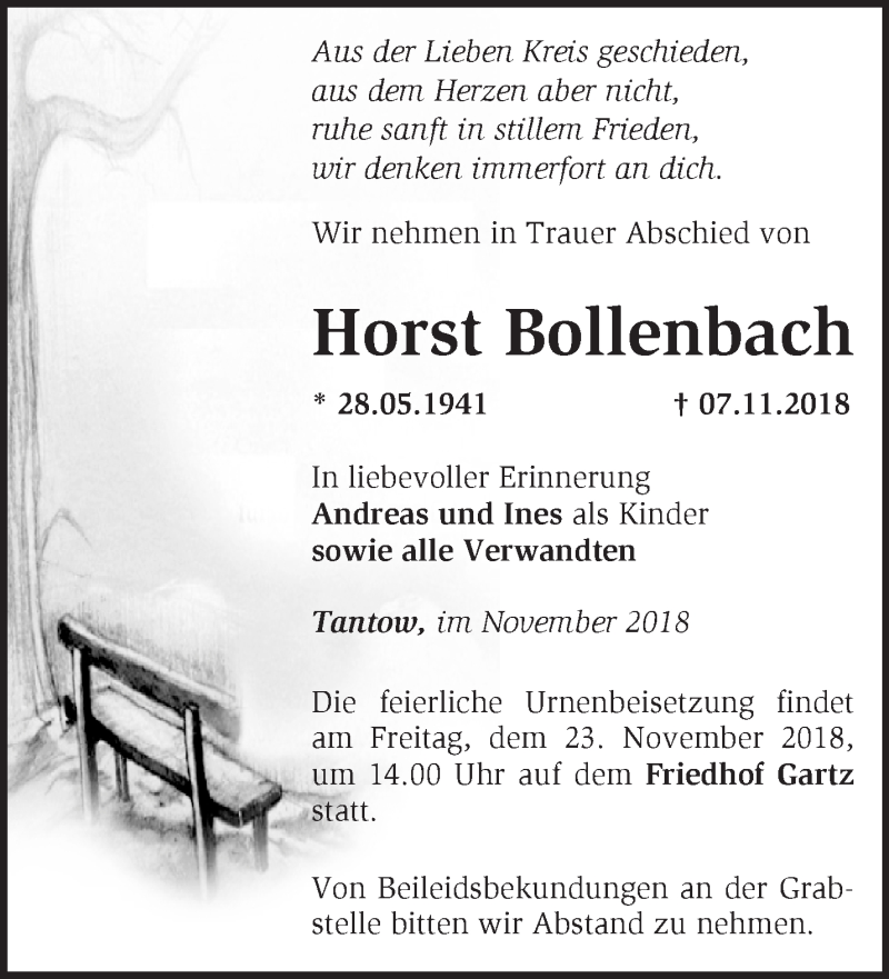 Traueranzeige für Horst Bollenbach vom 18.11.2018 aus Märkische Oderzeitung