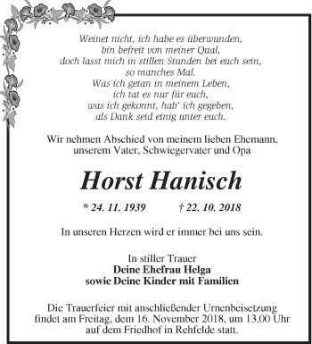 Traueranzeige von Horst Hanisch von Märkische Oderzeitung