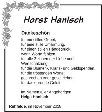 Traueranzeige von Horst Hanisch von Märkische Oderzeitung