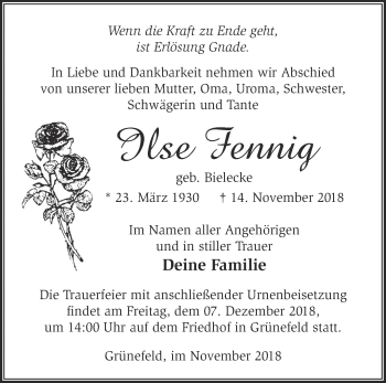 Traueranzeige von Ilse Fennig von Märkische Oderzeitung