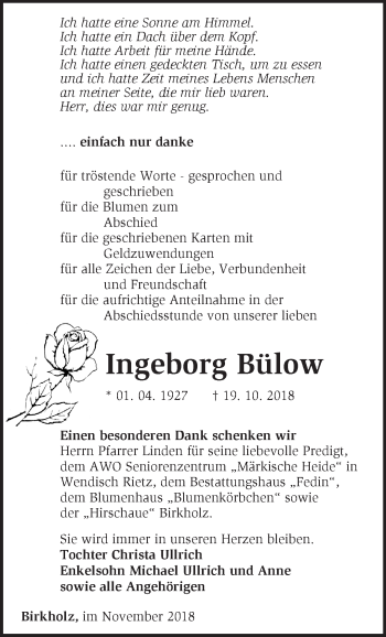 Traueranzeige von Ingeborg Bülow von Märkische Oderzeitung