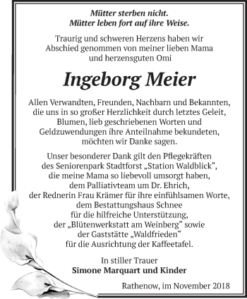 Traueranzeige von Ingeborg Meier von Märkische Oderzeitung