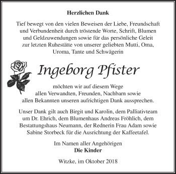 Traueranzeige von Ingeborg Pfister von Märkische Oderzeitung