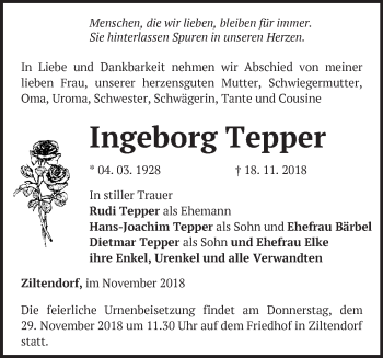 Traueranzeige von Ingeborg Tepper von Märkische Oderzeitung