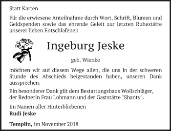 Traueranzeige von Ingeburg Jeske von Märkische Oderzeitung