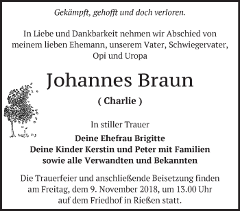 Traueranzeige von Johannes Braun von Märkische Oderzeitung