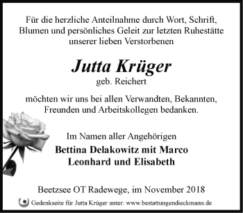 Traueranzeige von Jutta Krüger von Märkische Oderzeitung