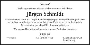 Traueranzeige von Jürgen Schmidt von Märkische Oderzeitung