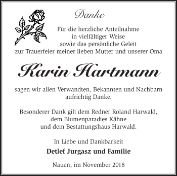 Traueranzeige von Karin Hartmann von Märkische Oderzeitung