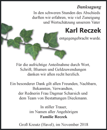 Traueranzeige von Karl Reczek von Märkische Oderzeitung