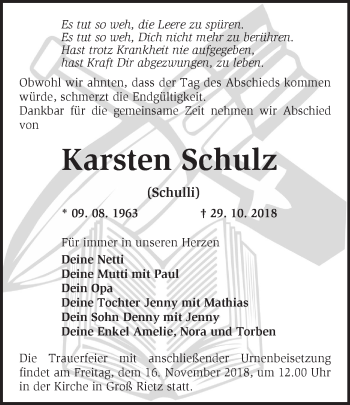 Traueranzeige von Karsten Schulz von Märkische Oderzeitung