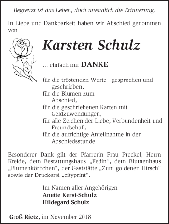 Traueranzeige von Karsten Schulz von Märkische Oderzeitung