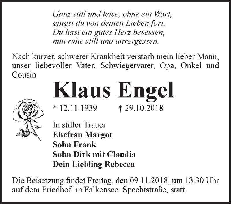 Traueranzeigen Von Klaus Engel Markische Onlinezeitung Trauerportal