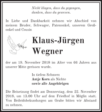 Traueranzeige von Klaus-Jürgen Wegner von Märkische Oderzeitung