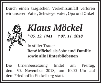 Traueranzeige von Klaus Möckel von Märkische Oderzeitung