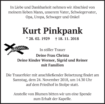 Traueranzeige von Kurt Pinkpank von Märkische Oderzeitung