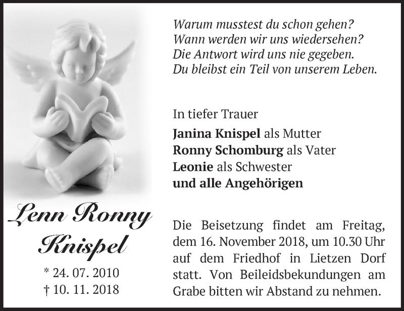  Traueranzeige für Lenn Ronny Knispel vom 14.11.2018 aus Märkische Oderzeitung