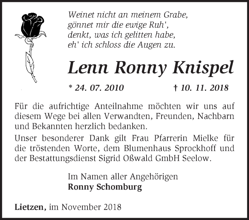  Traueranzeige für Lenn Ronny Knispel vom 24.11.2018 aus Märkische Oderzeitung