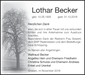 Traueranzeige von Lothar Becker von Märkische Oderzeitung