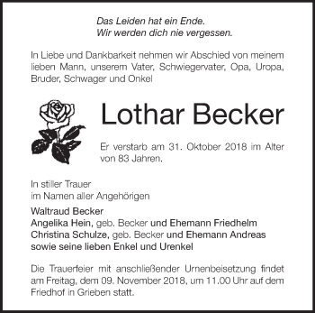 Traueranzeige von Lothar Becker von Märkische Oderzeitung