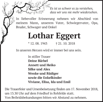 Traueranzeige von Lothar Eggert von Märkische Oderzeitung