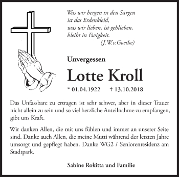 Traueranzeige von Lotte Kroll von Märkische Oderzeitung